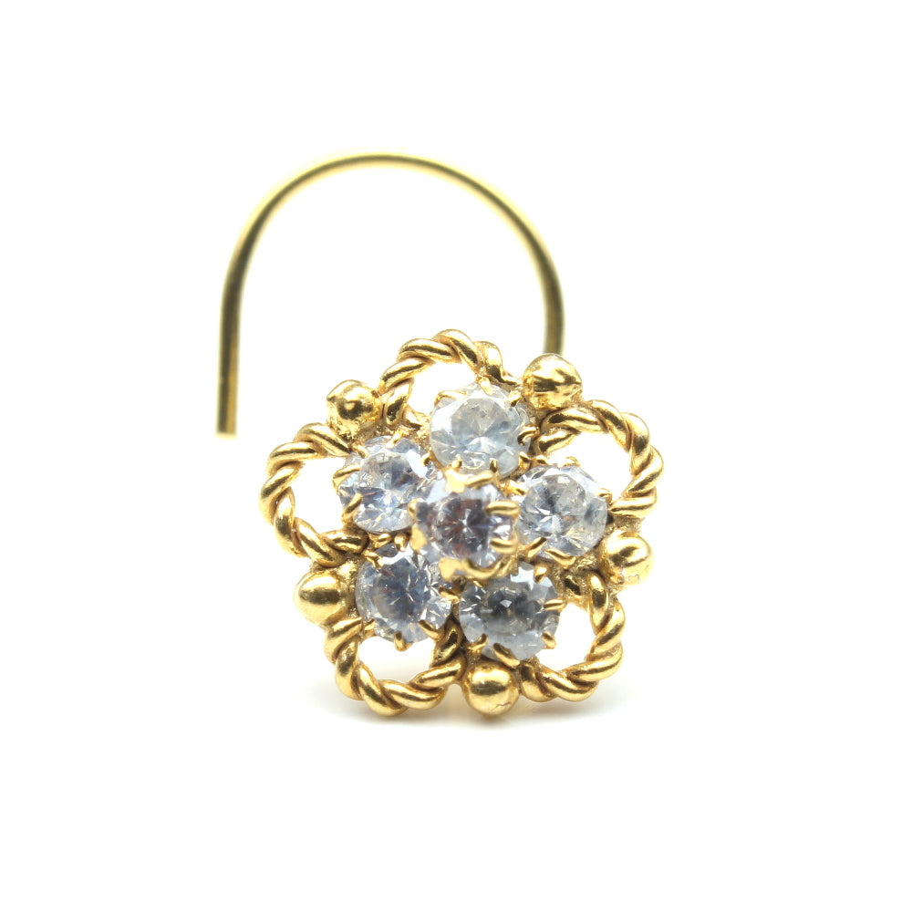 Solid 14kt Yellow Gold Clear Cubic Zirconia Flower Nose Stud